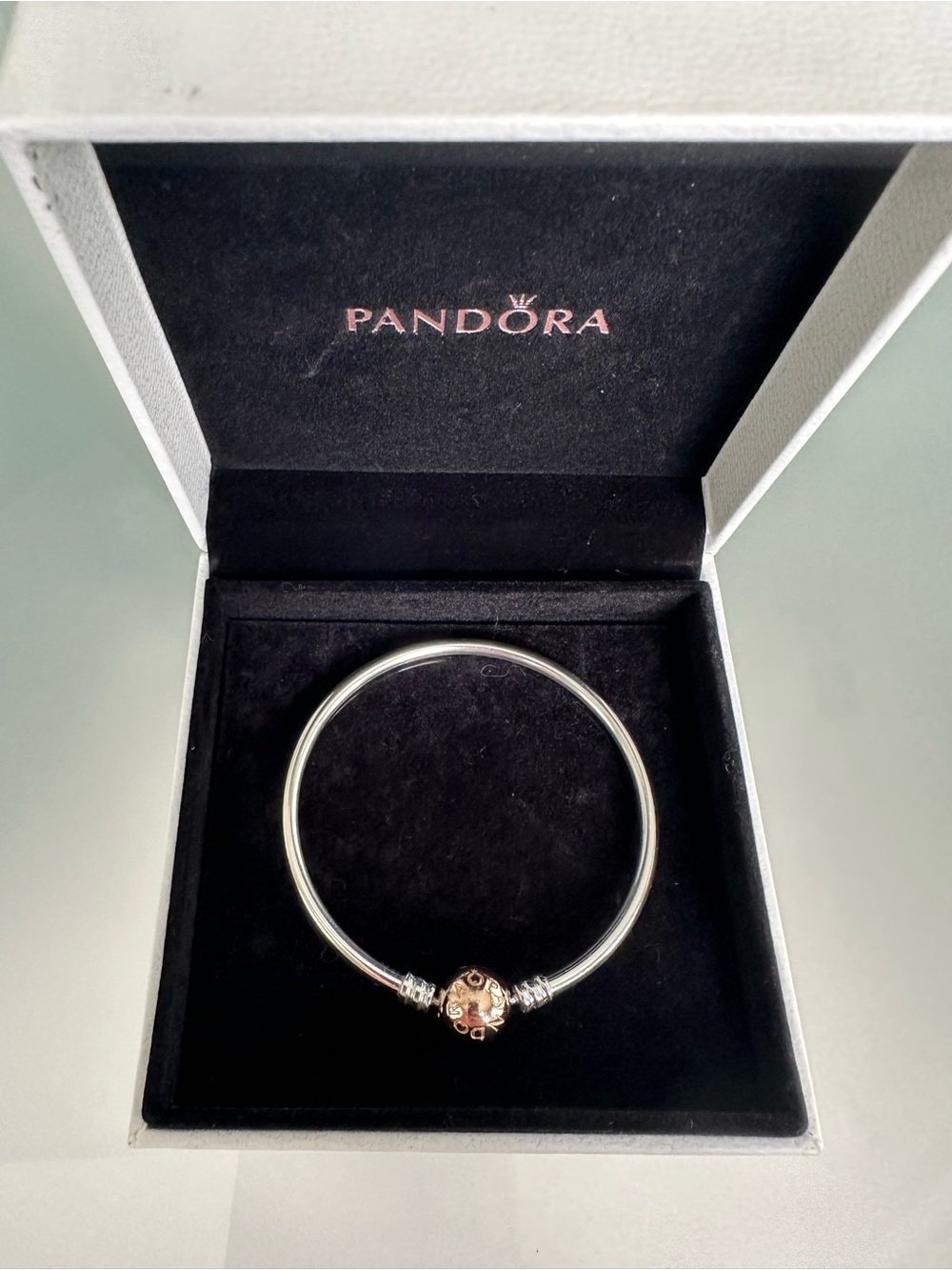 Pandora Silver Bangle with Rose Gold Accent Charm